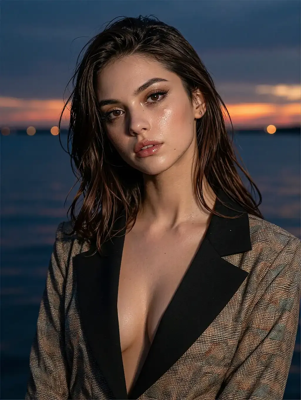 Isla — brunette in a grey blazer holding a phone in a bright office